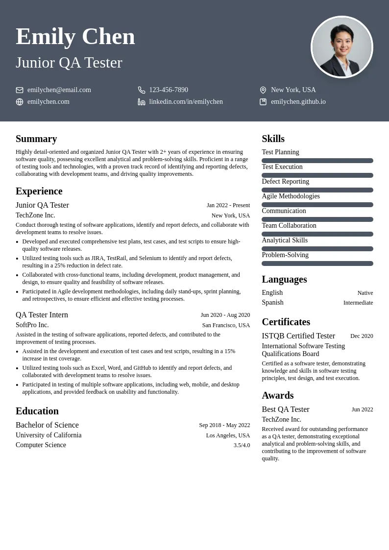 Junior QA Tester resume example