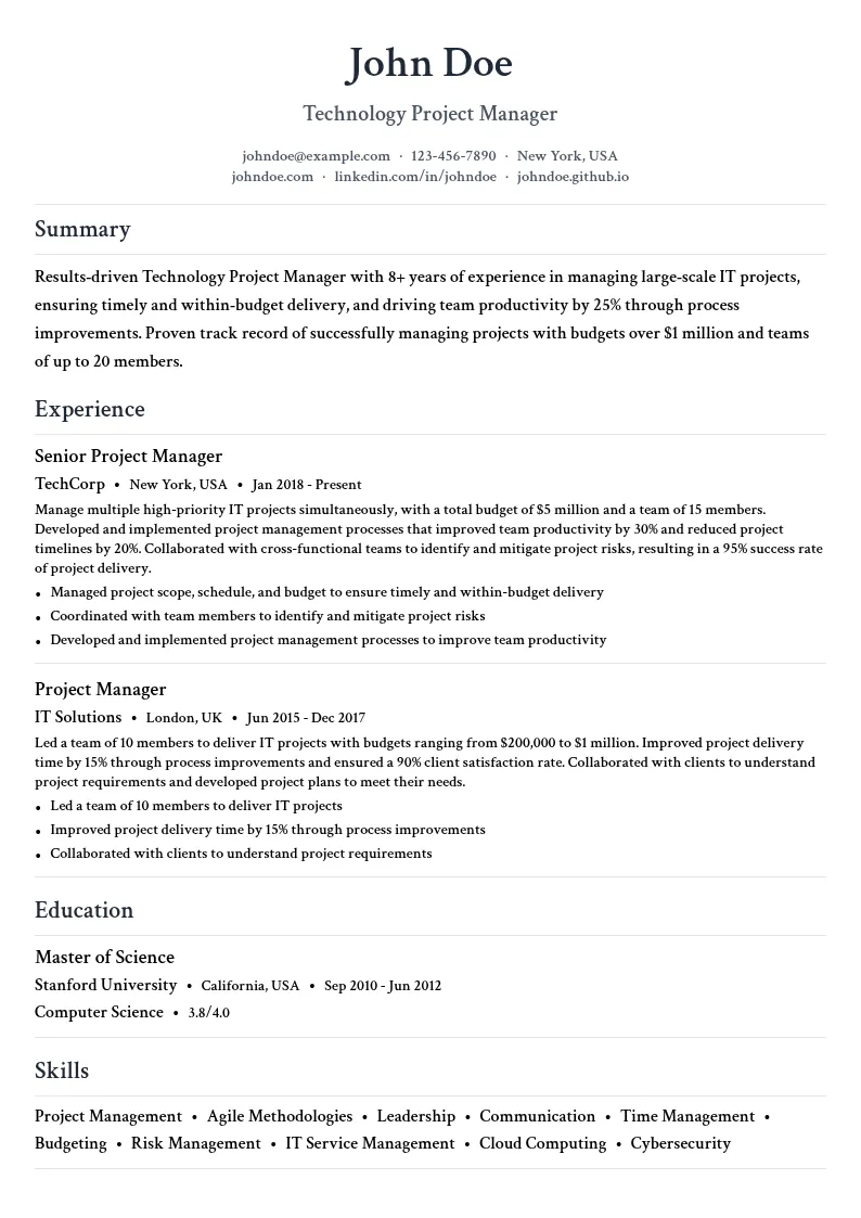 Technology Project Manager resume example