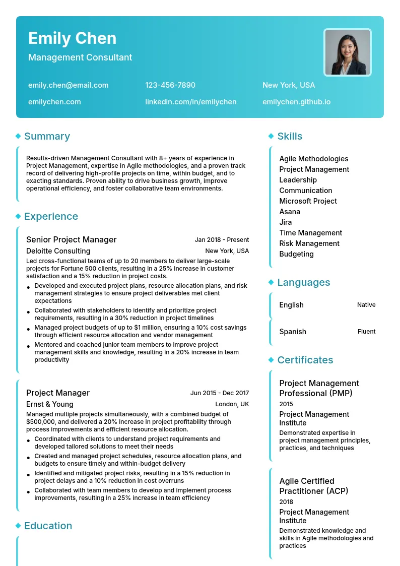 Management Consultant: Project Management resume example