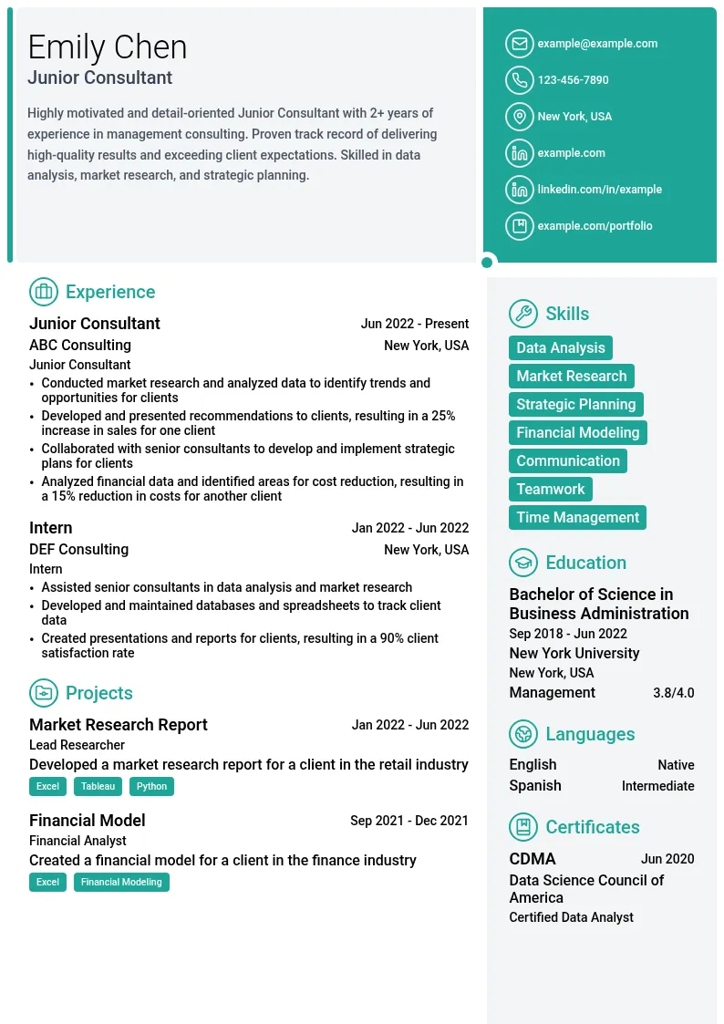 Junior Consultant resume example