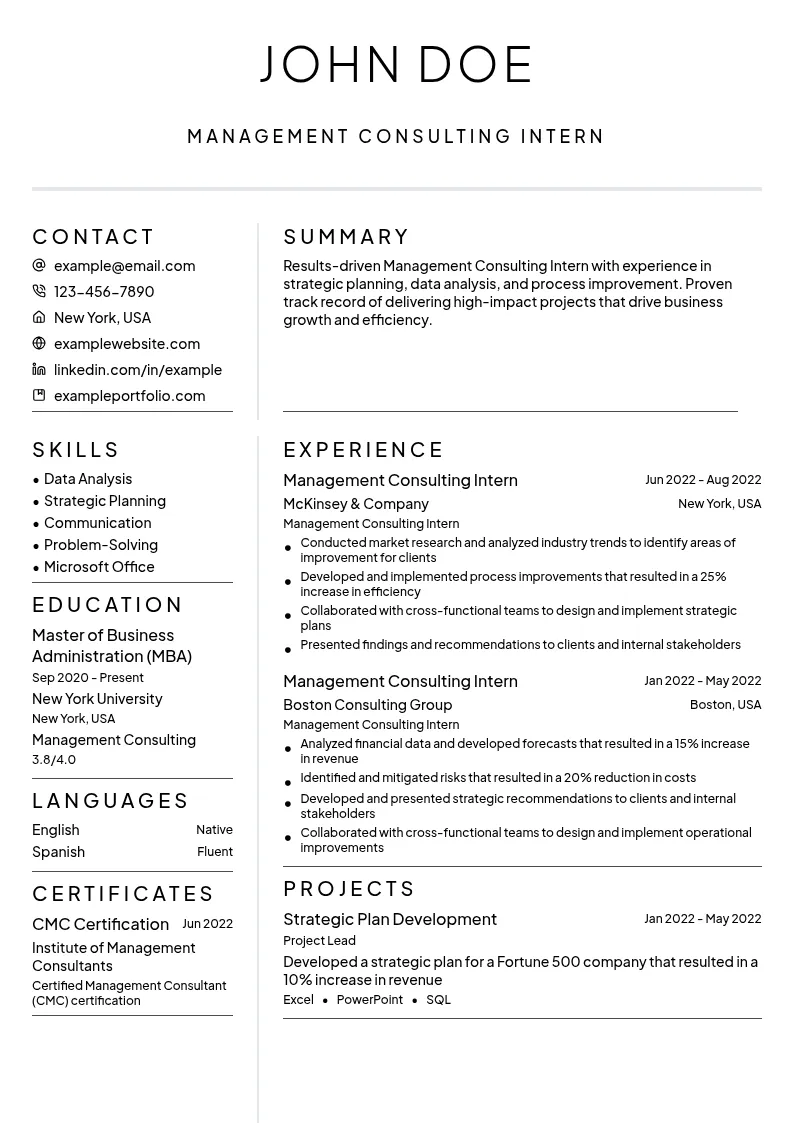 Management Consulting Intern resume example