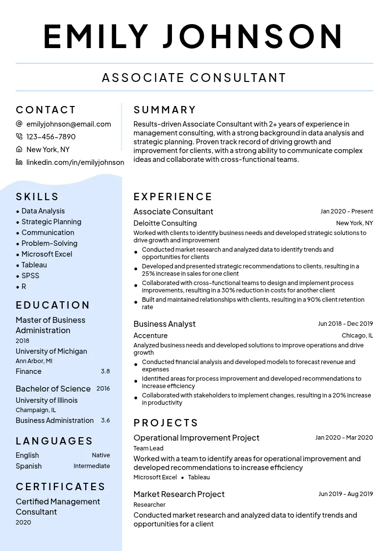Associate Consultant resume example