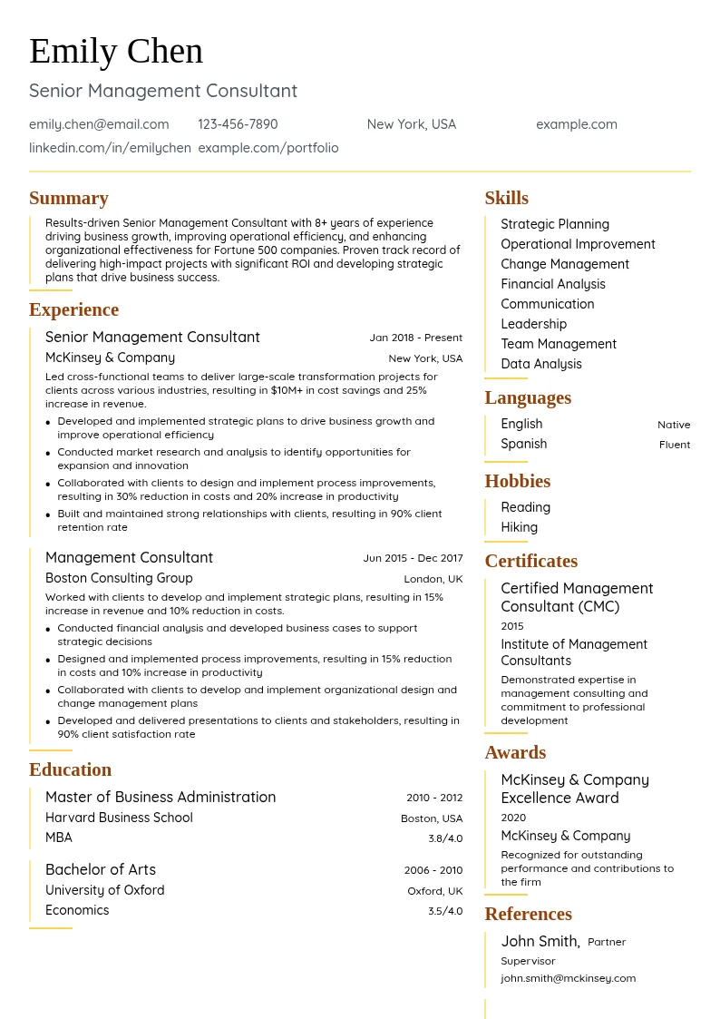 Senior Management Consultant resume example