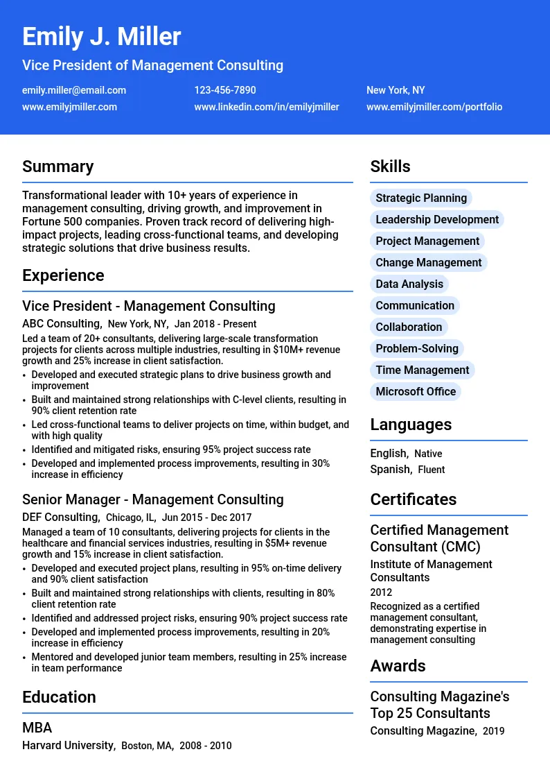 Vice President of Management Consulting resume example