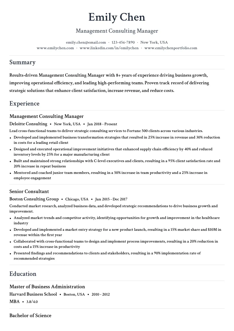 Management Consulting Manager resume example