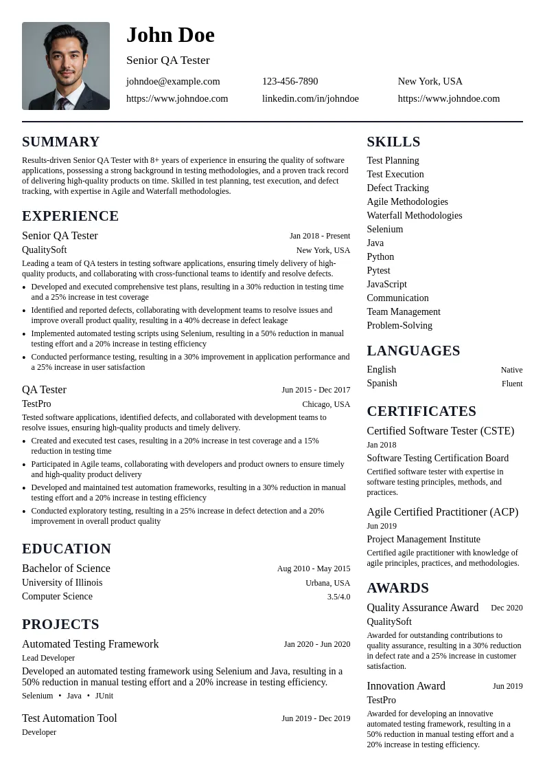 Senior QA Tester resume example