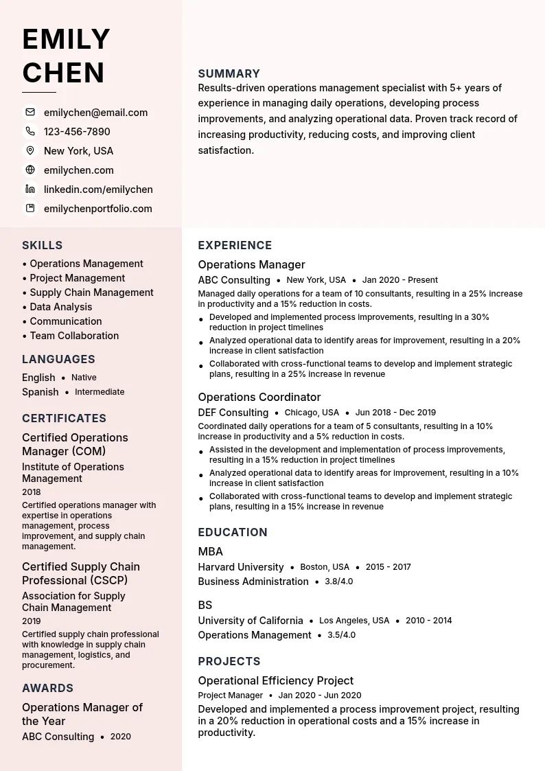 Operations Management Specialist resume example