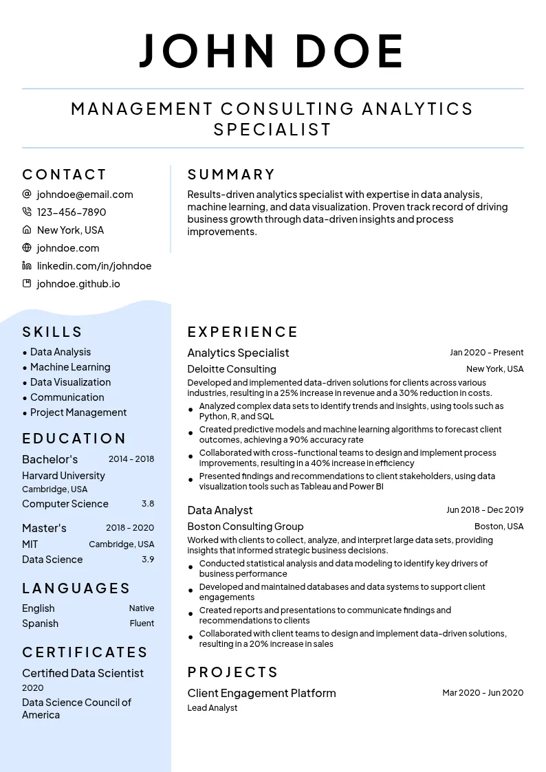 Management Consulting Analytics Specialist resume example
