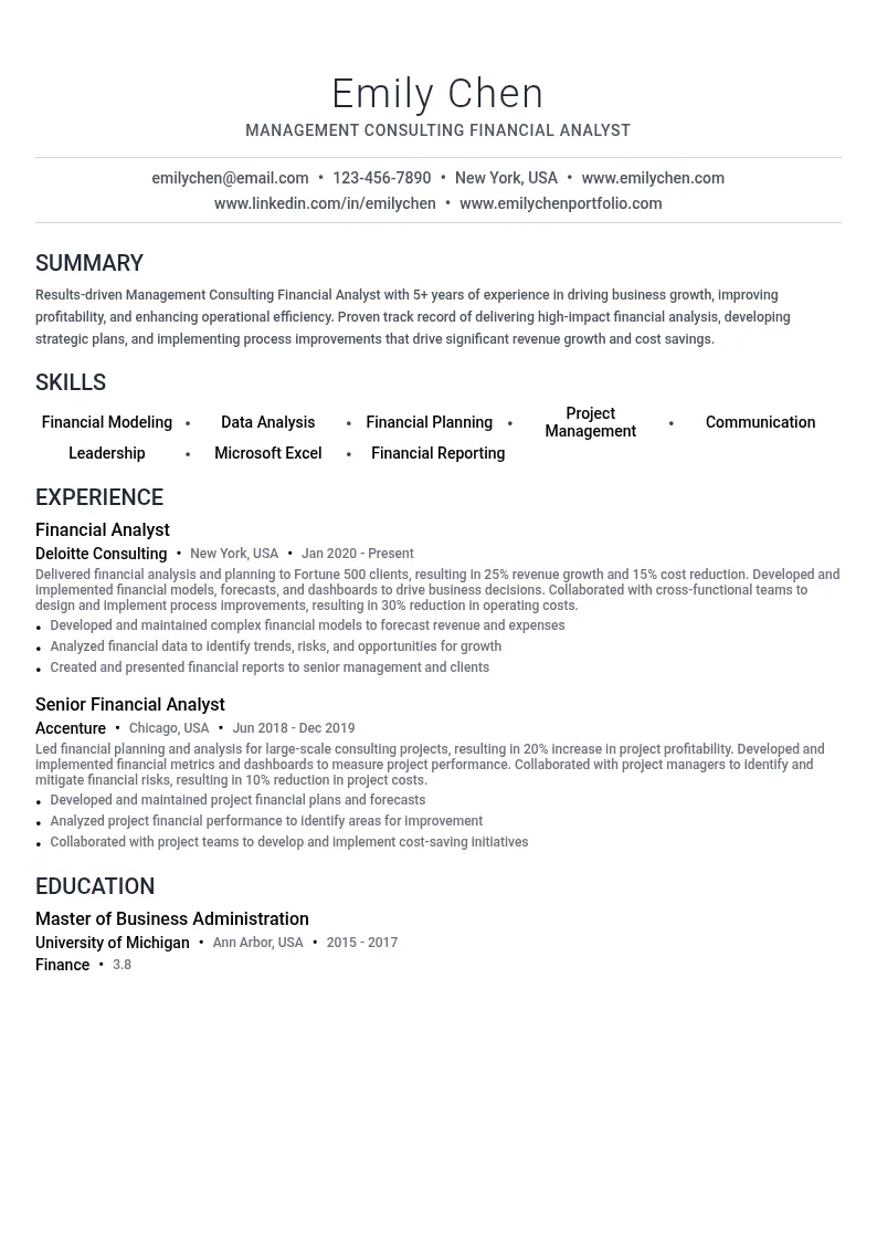 Management Consulting Financial Analyst resume example