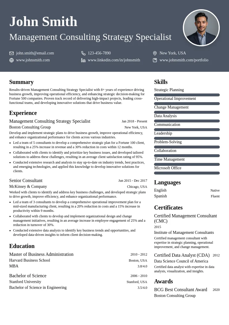 Management Consulting Strategy Specialist resume example