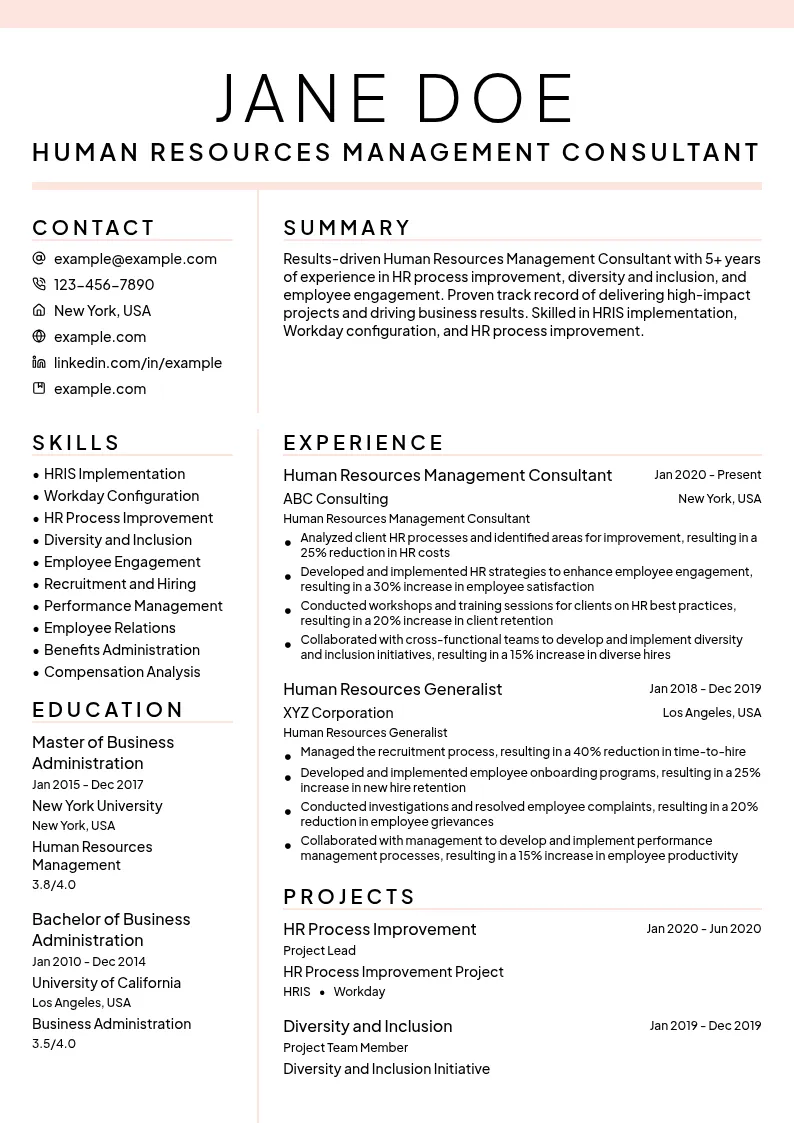 Human Resources Management Consultant resume example