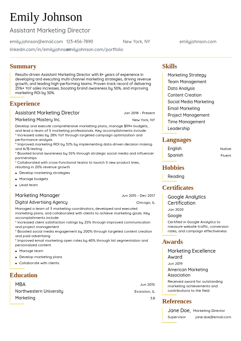 Assistant Marketing Director resume example