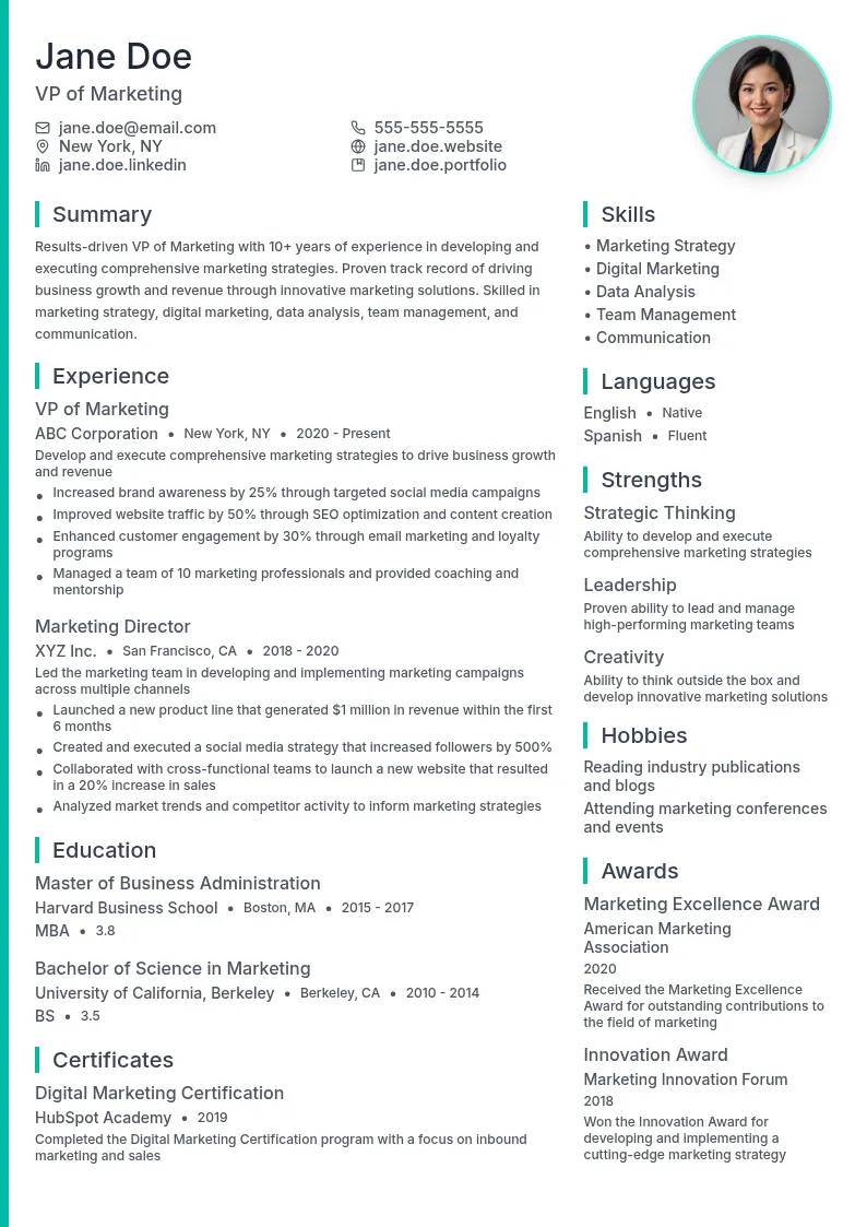 VP of Marketing resume example