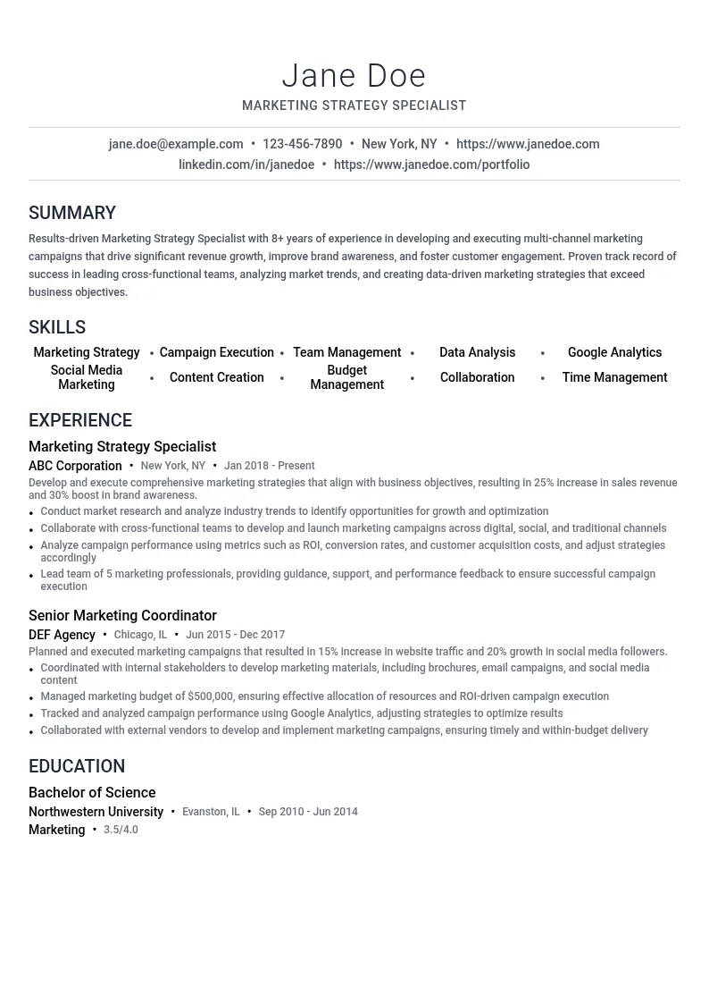 Marketing Strategy Specialist resume example