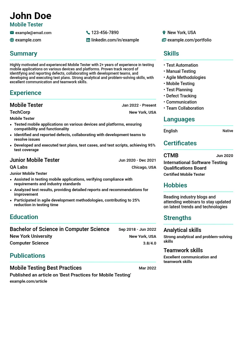 Mobile Tester resume example