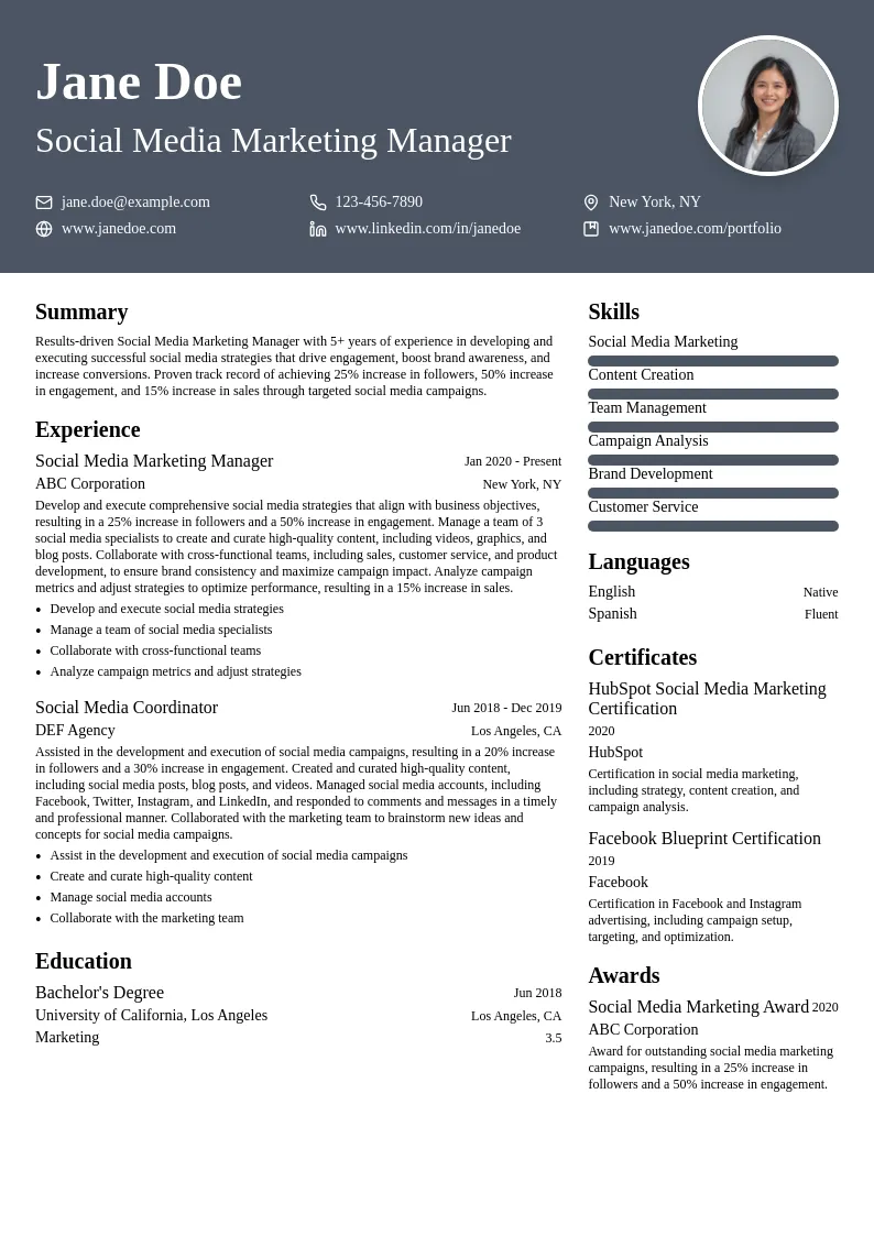 Social Media Marketing Manager resume example