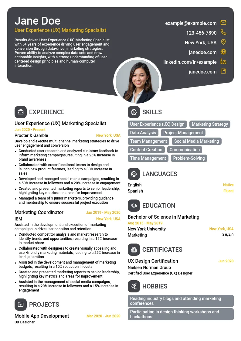 User Experience (UX) Marketing Specialist resume example