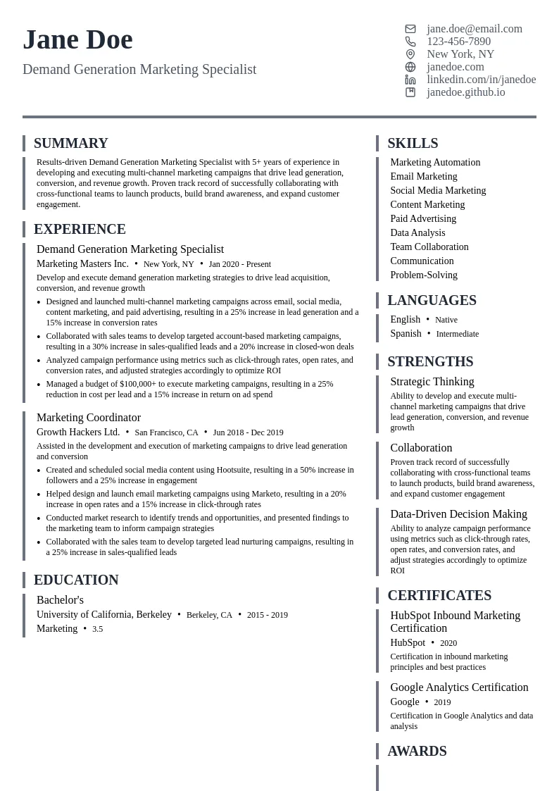 Demand Generation Marketing Specialist resume example