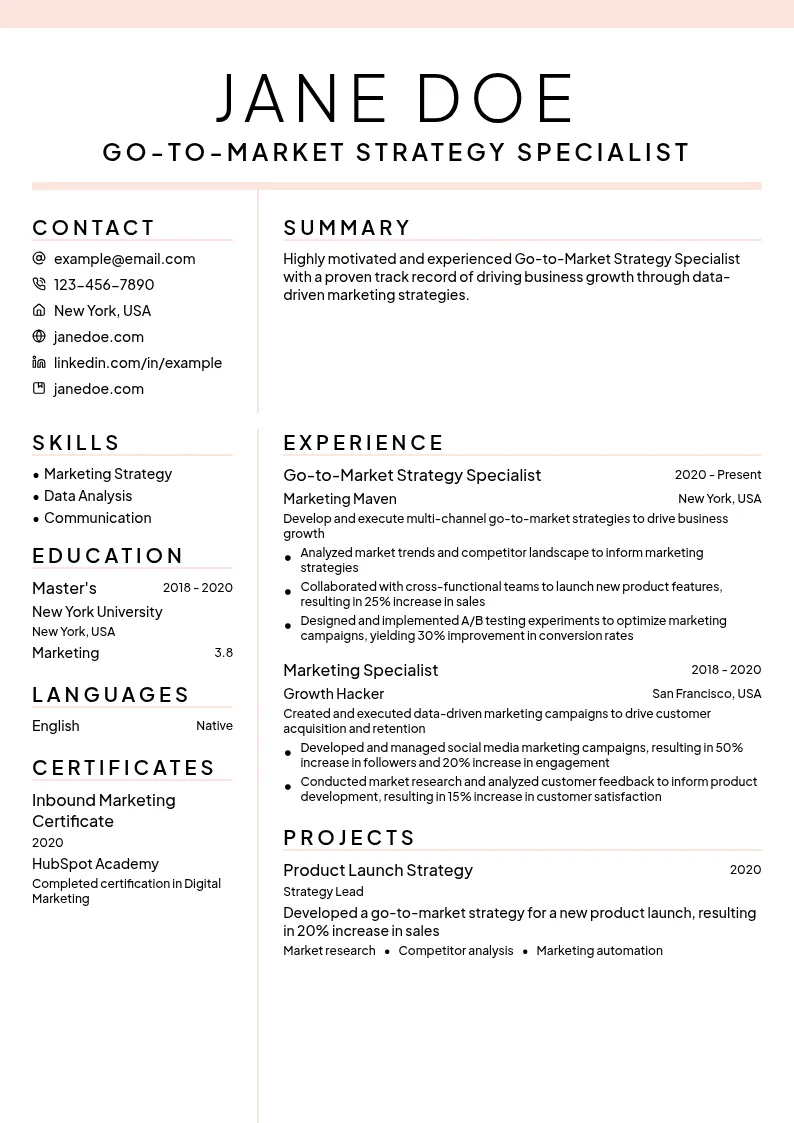 Go-to-Market Strategy Specialist resume example