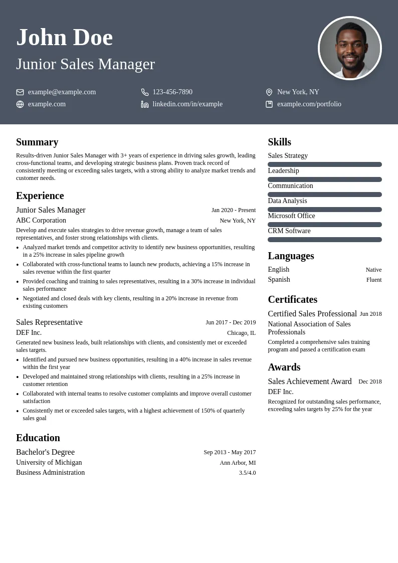 Junior Sales Manager resume example