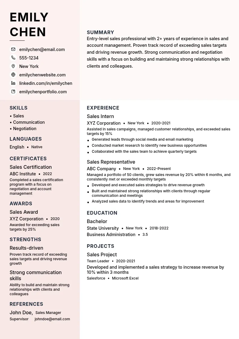 Entry-level Sales Role resume example