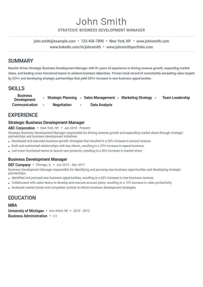 Strategic Business Development Manager resume example