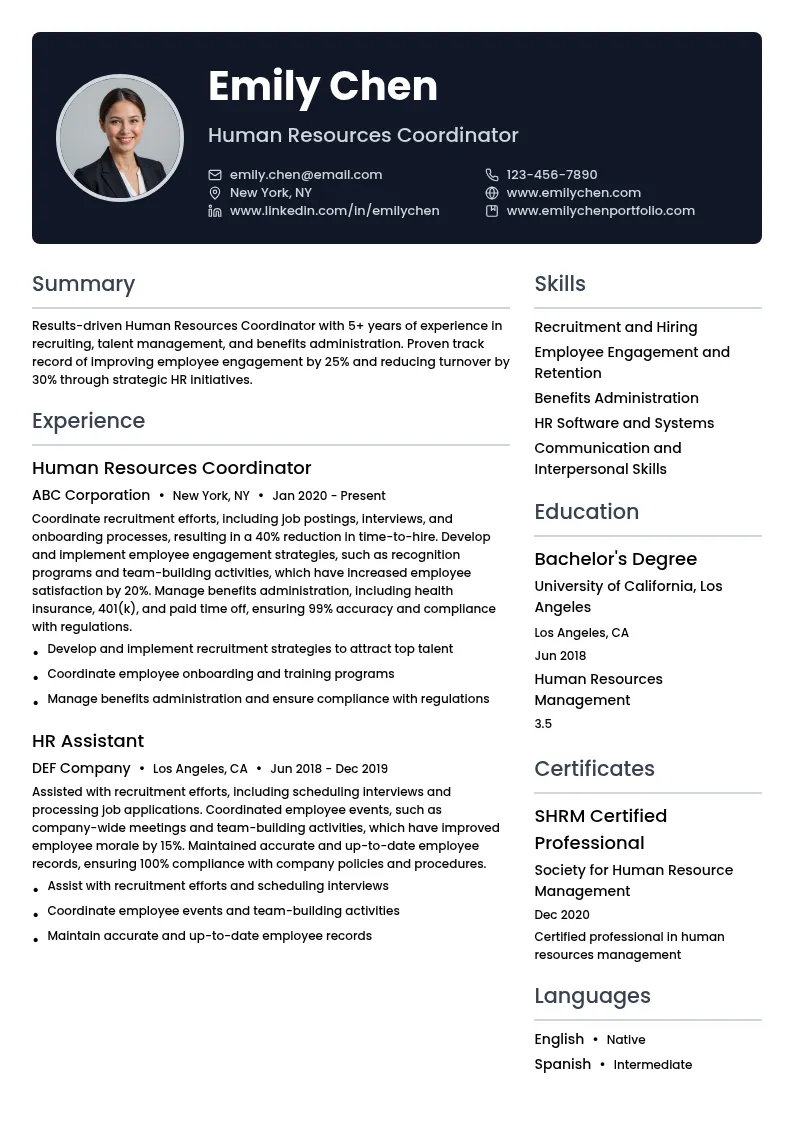 Human Resources Coordinator resume example