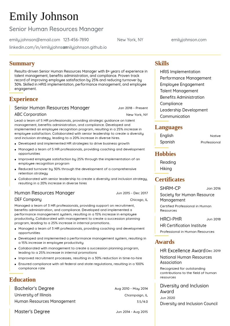 Senior Human Resources Manager resume example