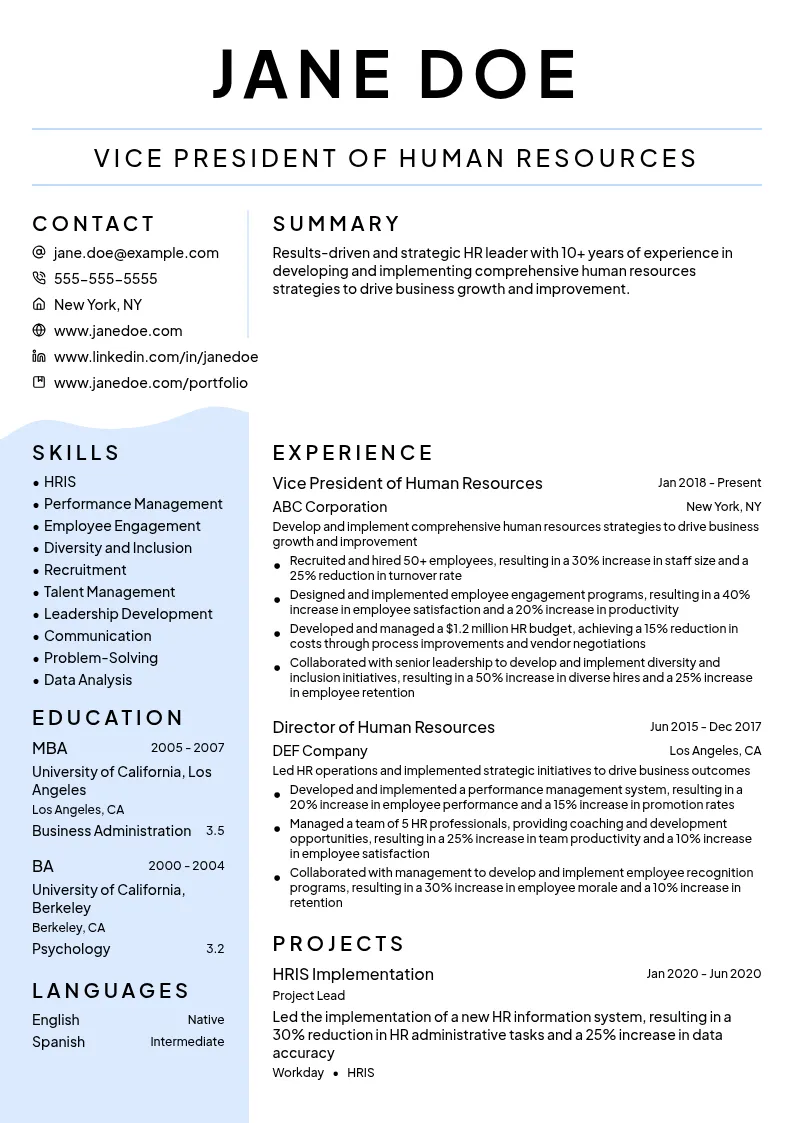 Vice President of Human Resources resume example