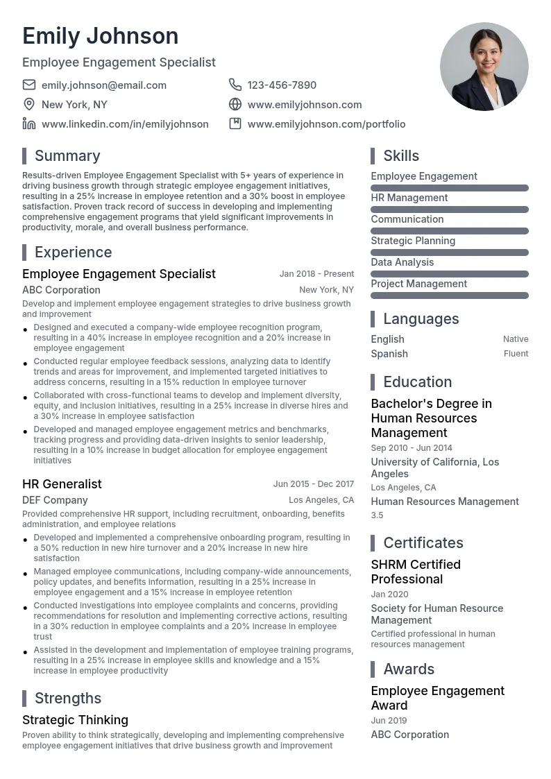 Employee Engagement Specialist resume example