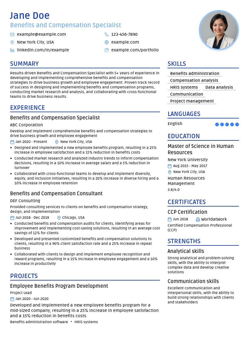Benefits and Compensation Specialist resume example