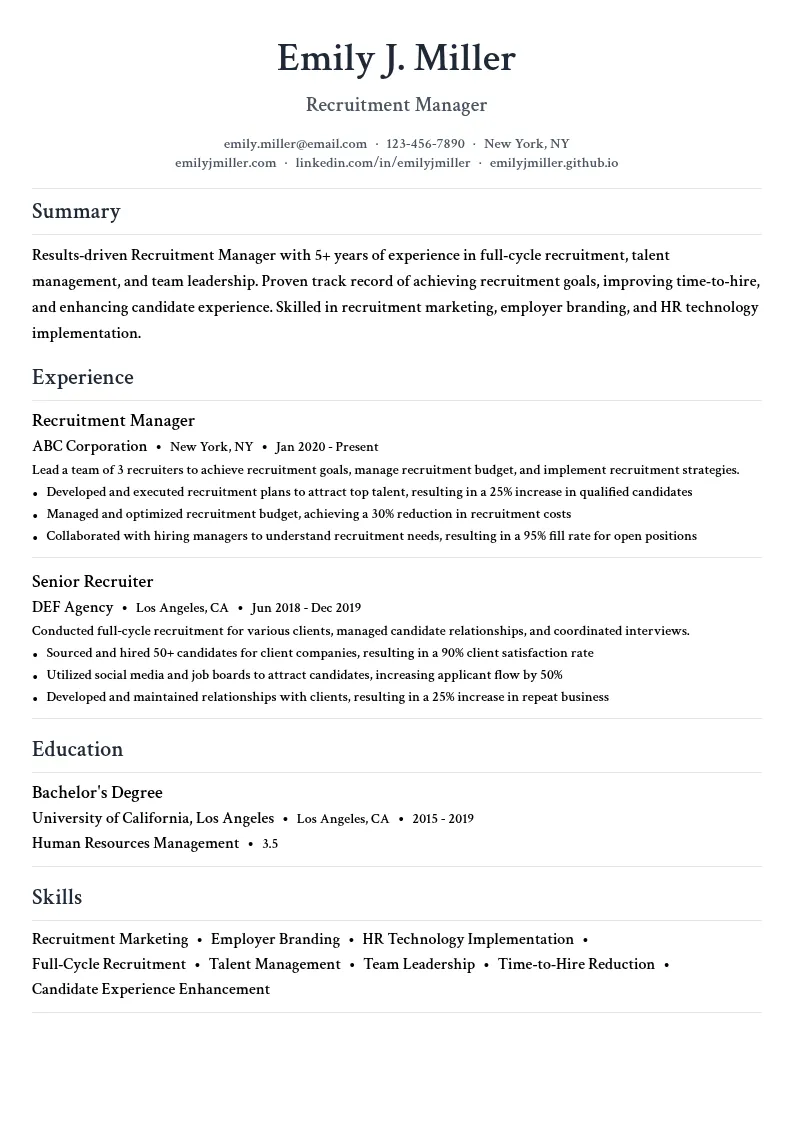 Recruitment Manager resume example