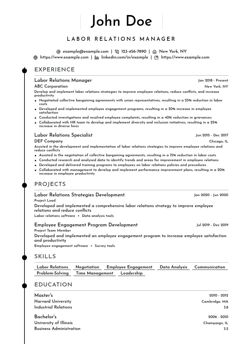 Labor Relations Manager resume example
