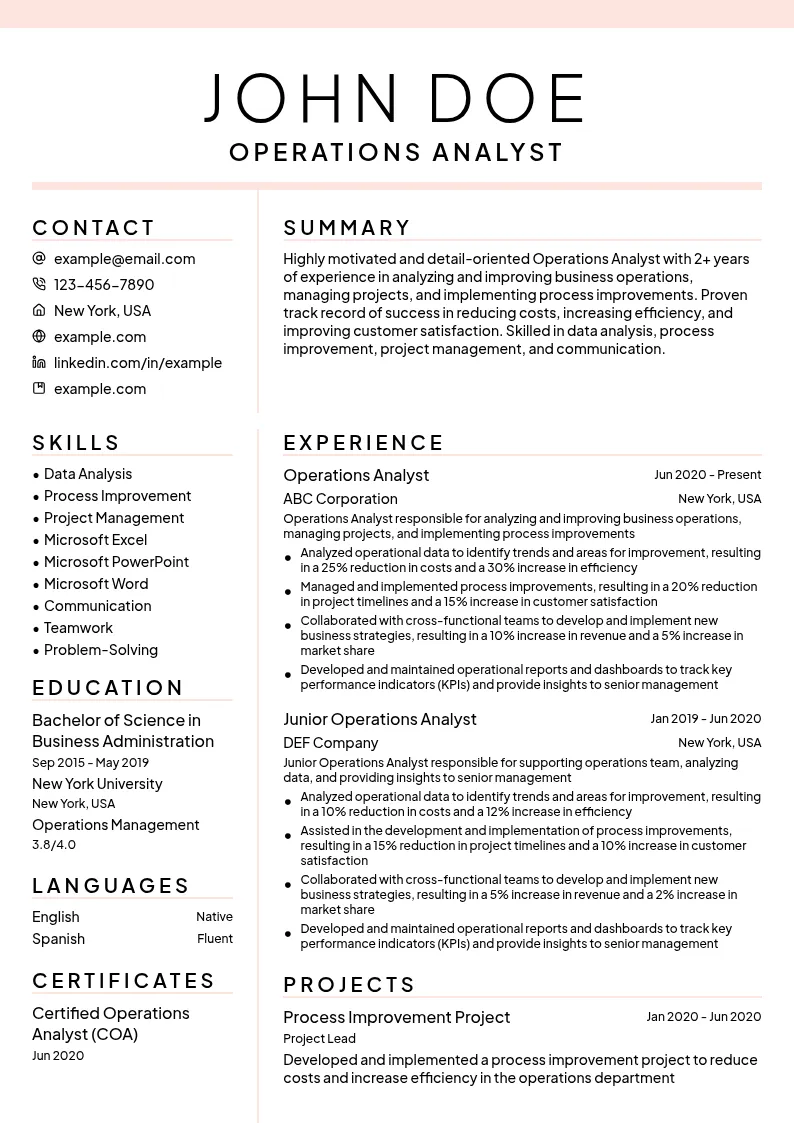 Operations Analyst resume example