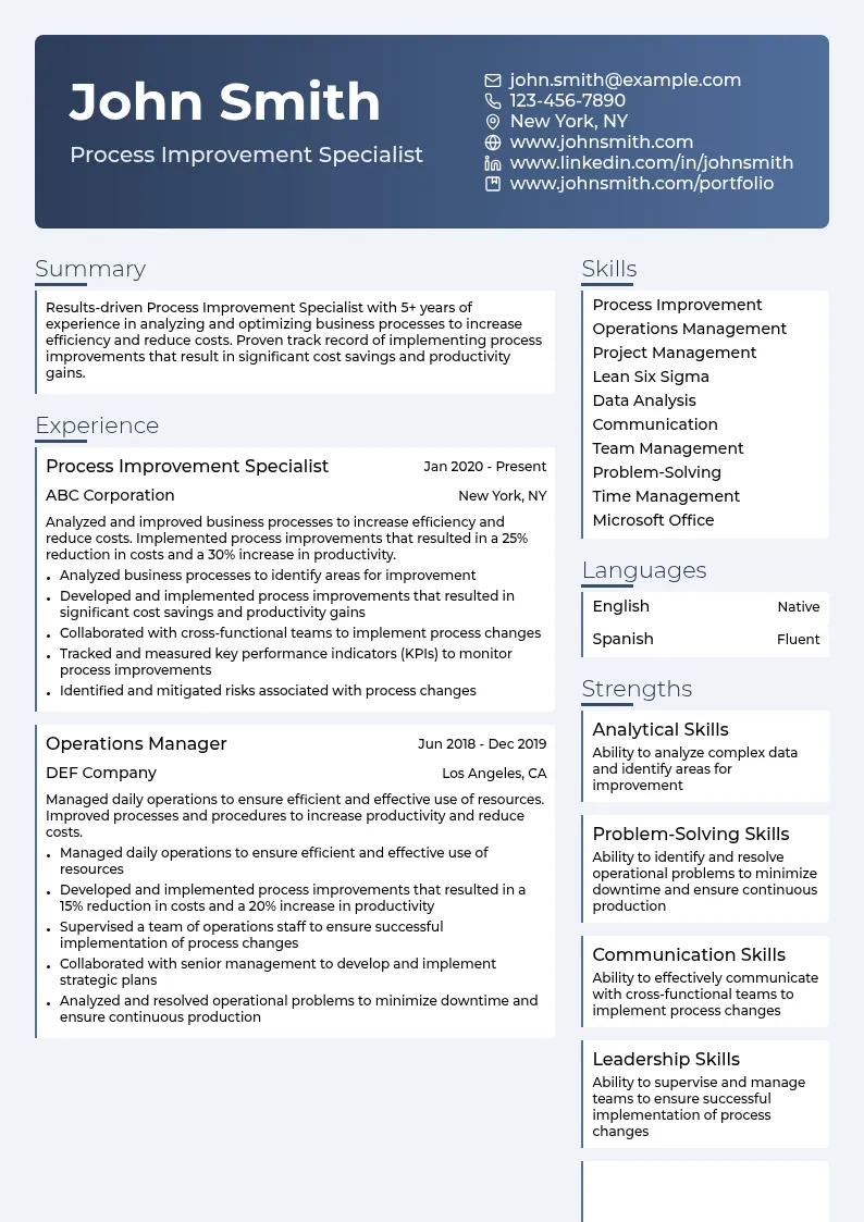 Process Improvement Specialist resume example