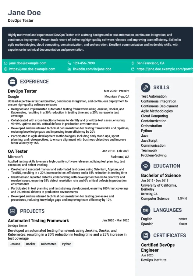 DevOps Tester resume example