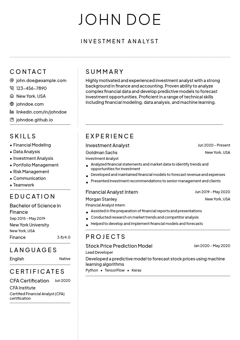 Investment Analysis resume example