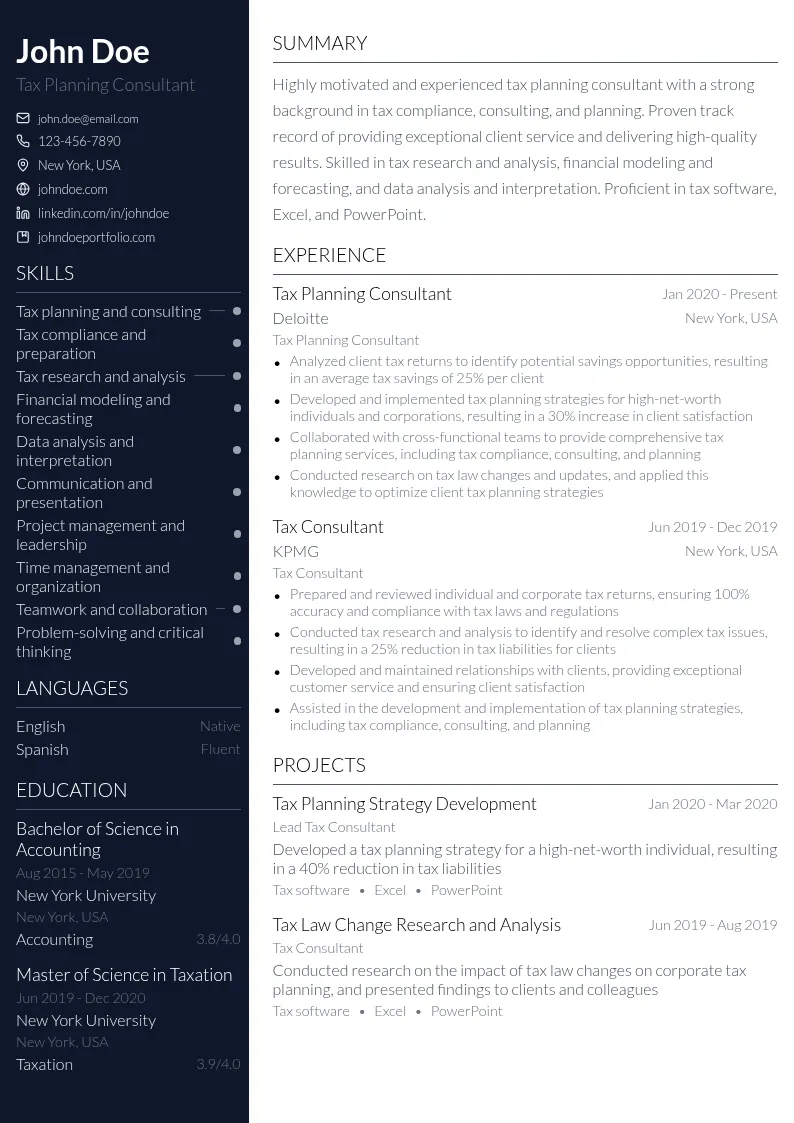 Tax Planning resume example