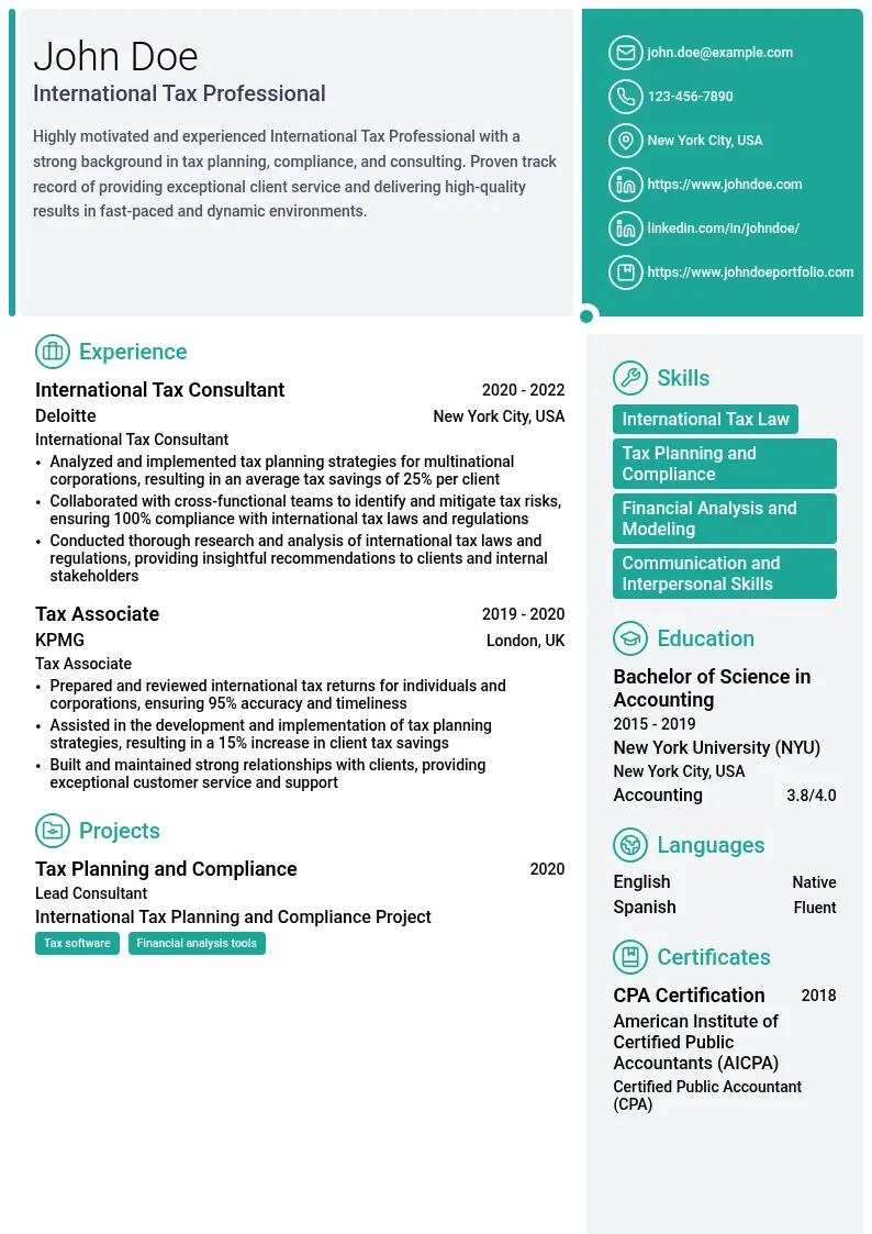 International Tax resume example