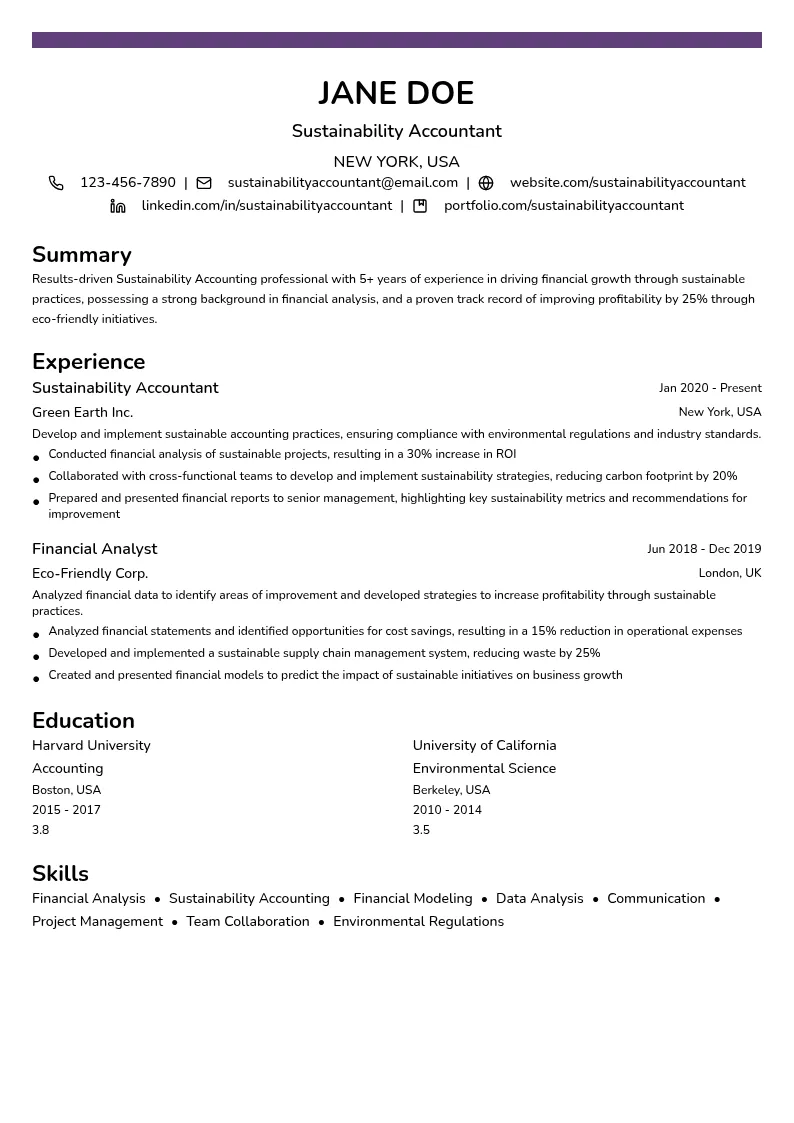 Sustainability Accounting resume example