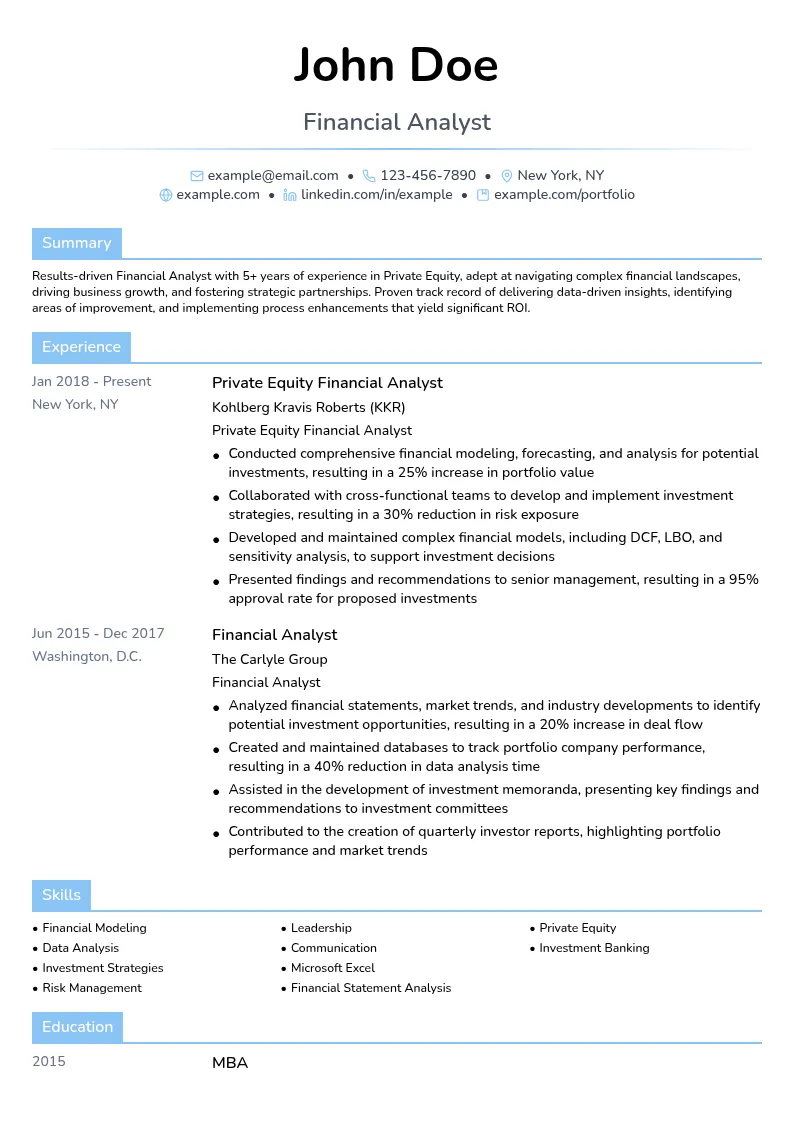 Private Equity resume example