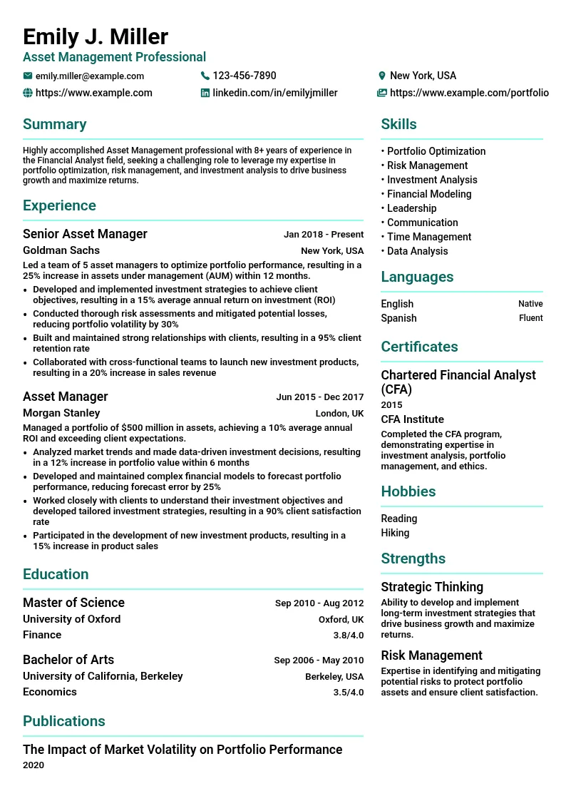 Asset Management resume example
