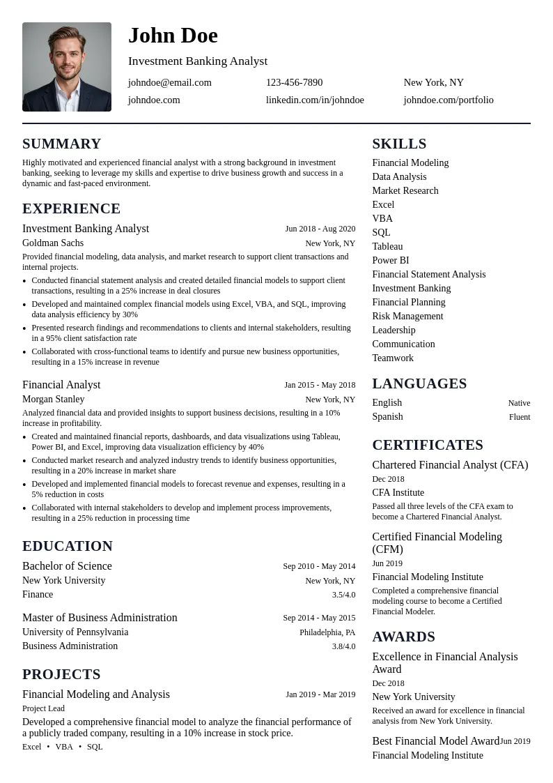 Investment Banking resume example