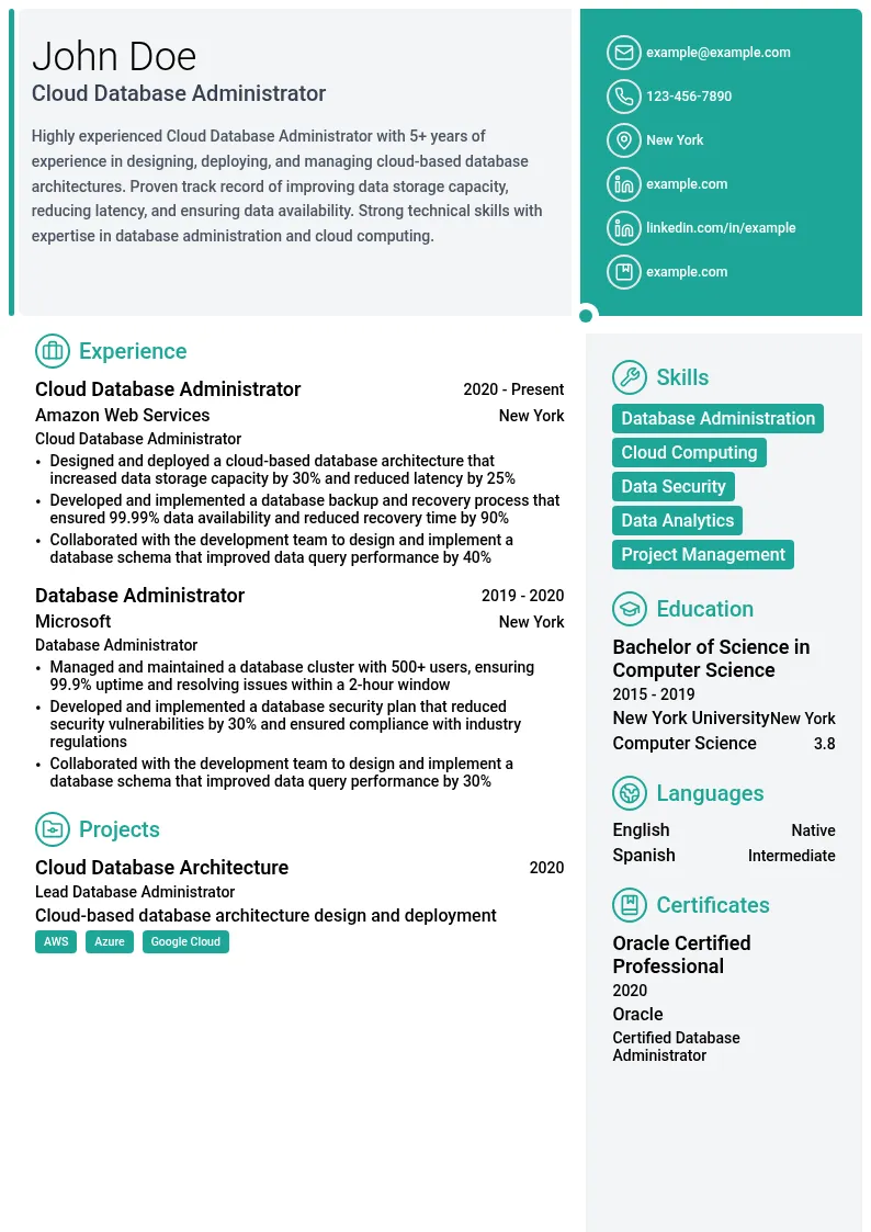Cloud Database Administrator resume example