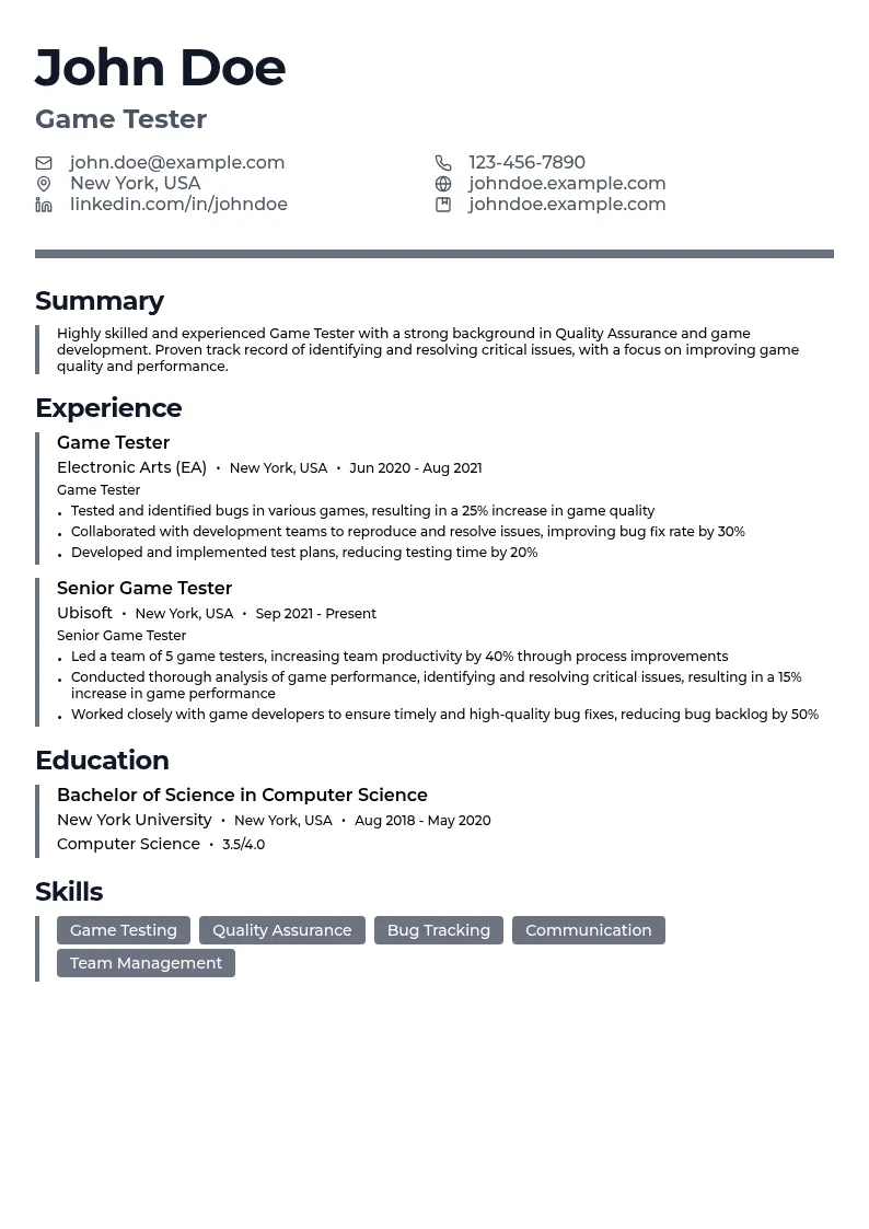 Game Tester resume example