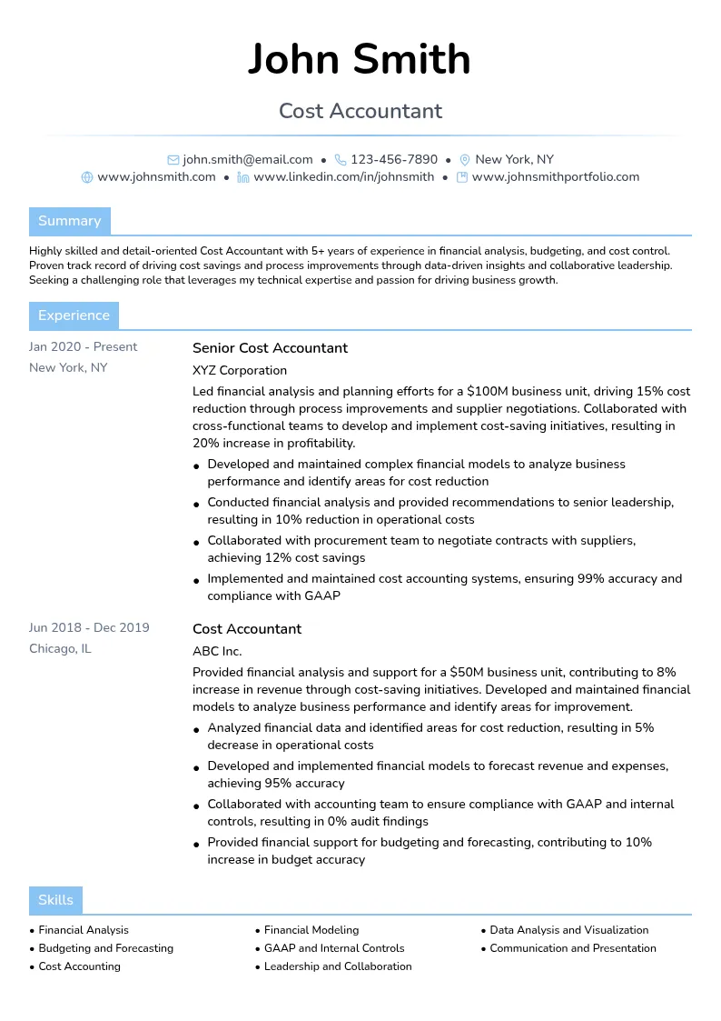 Cost Accountant resume example