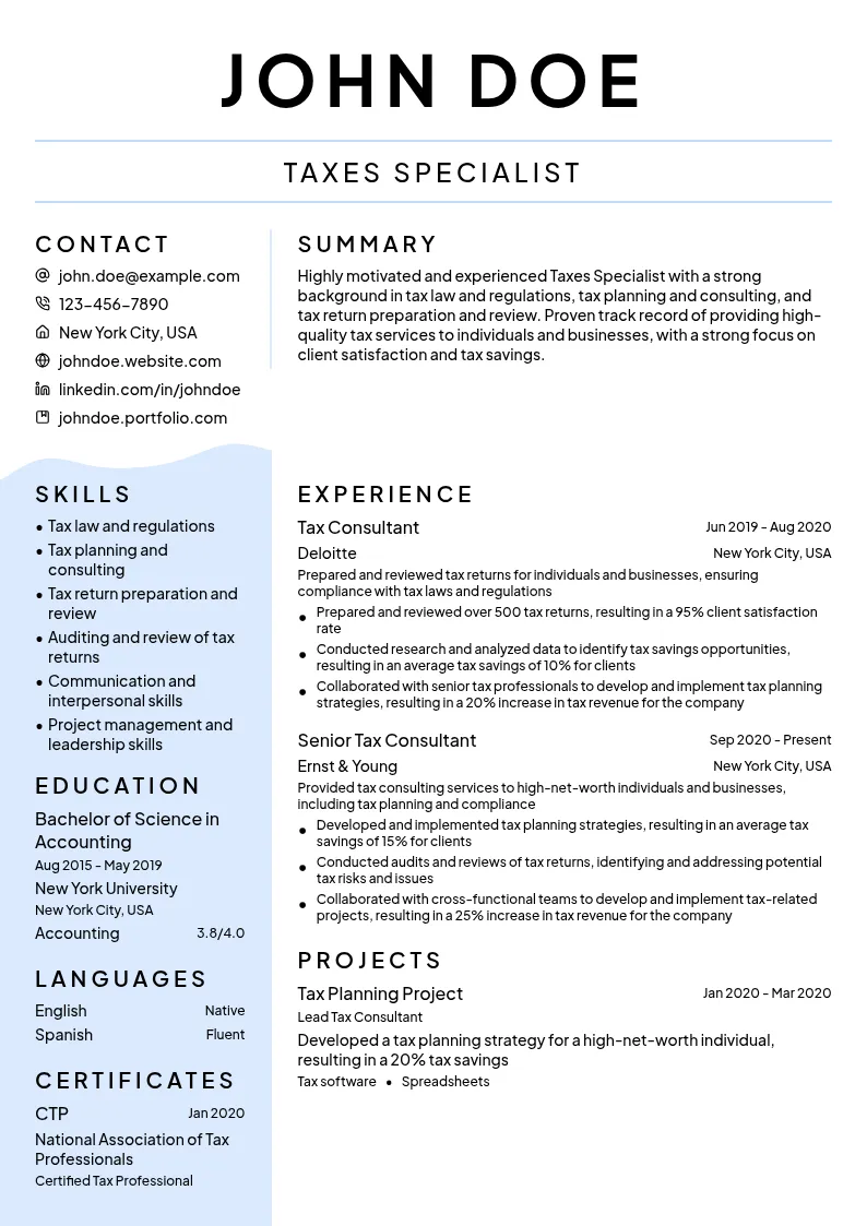 Taxes Specialist resume example