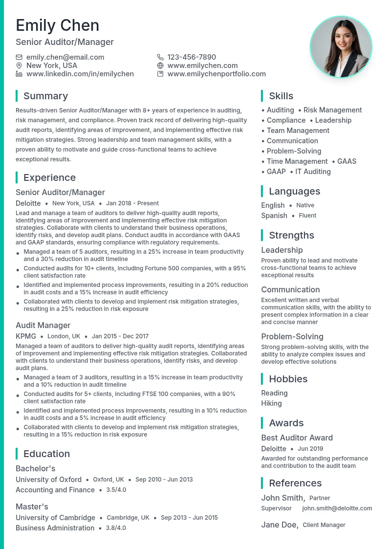 Senior Auditor/Manager resume example