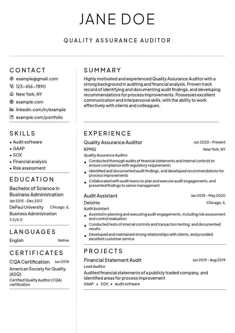 Quality Assurance Auditor resume example