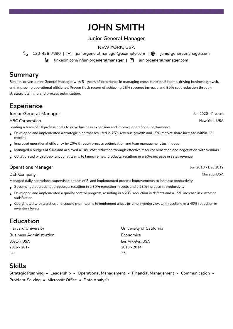 Junior General Manager resume example